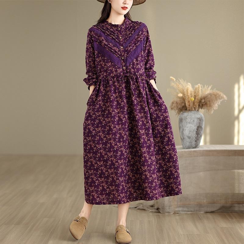 long sleeve Plus size Cotton linen vintage floral new in dresses for women casual loose long spring autumn dress