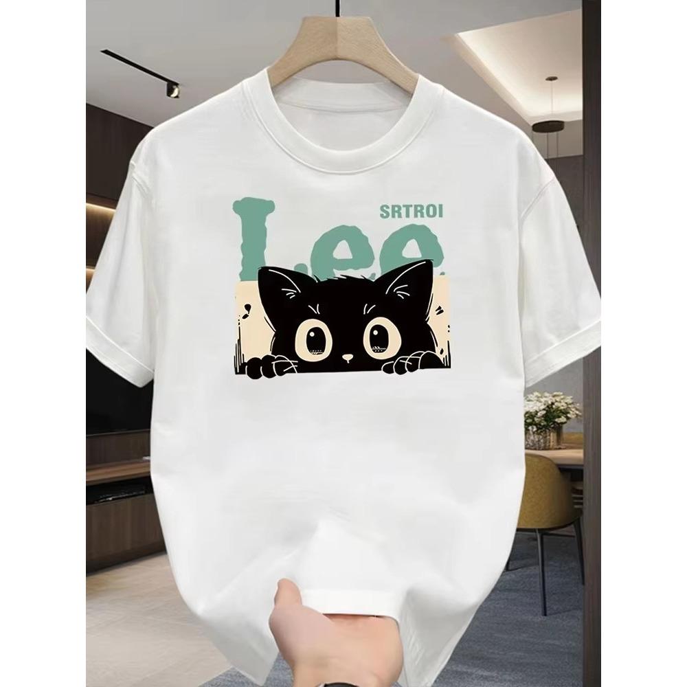 Spring and Summer Cat Print Daily Commuting Sports Men and Women The Same T-shirt Round Neck Cotton Short Sleeves