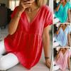 Women Tops V-Neck Short Sleeve Ruffle Splicing Hem Pullover Tops Pure Color Loose Fit A-Line Tee Tops Daily Wear