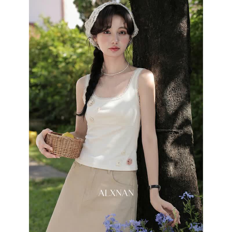 French Style Lace Trim Cami Top S
