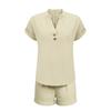 Women’s Short Sleeve Button Front V Neck Relaxed Fit Linen Two Piece Set Casual Loose Shirt and Shorts Outfit