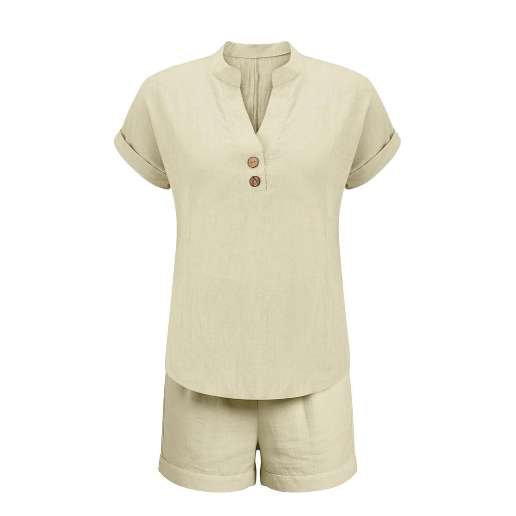 Women’s Short Sleeve Button Front V Neck Relaxed Fit Linen Two Piece Set Casual Loose Shirt and Shorts Outfit