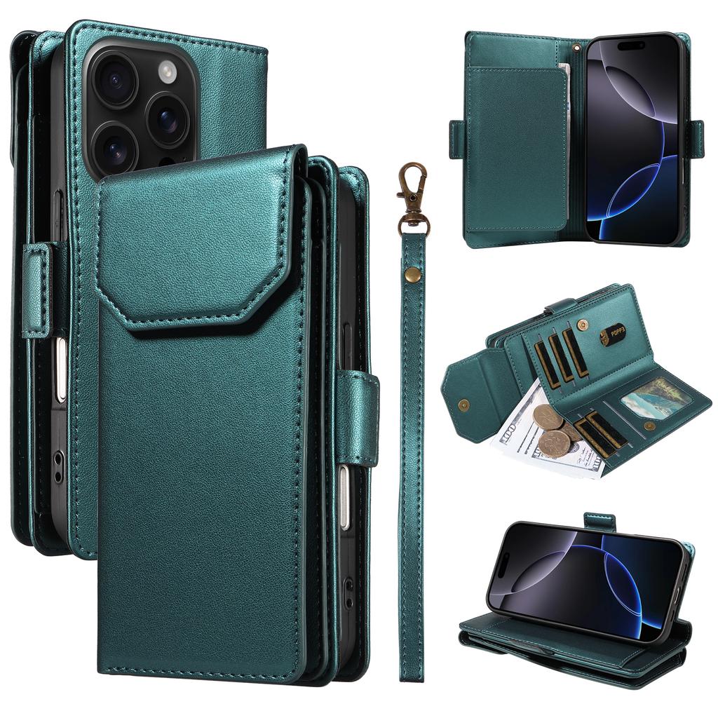 For iPhone 16 Pro Case with Multi-Card Holder and Strap PU Leather Phone Cover Stand