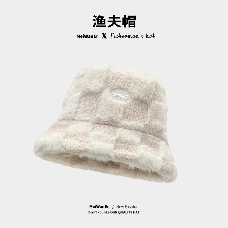 

Japanese Lamb Wool Plaid Fisherman Hat Children Thickened Warm Windproof Versatile Plain Face Covering Plush Basin Hat 54-58cm