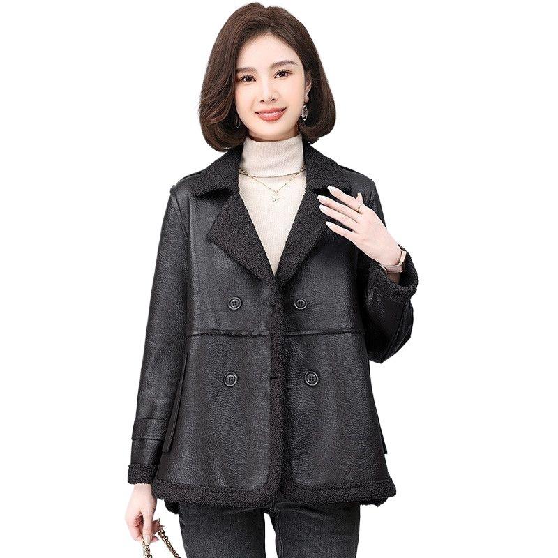 Leather jacket women's fleece new autumn and winter fur integrated Haining fleece thickened two-sided loose leather jacket