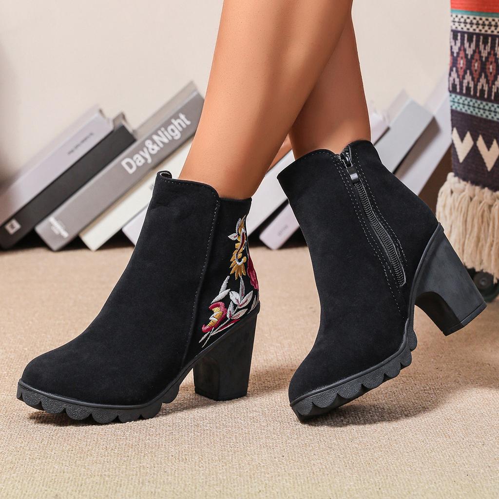 2024 Fashion Embroidered Modem Boots Brand Ladies Shoes Zip Women's Boots High Quality Round Toe High Heels Naked Boots Zapatos