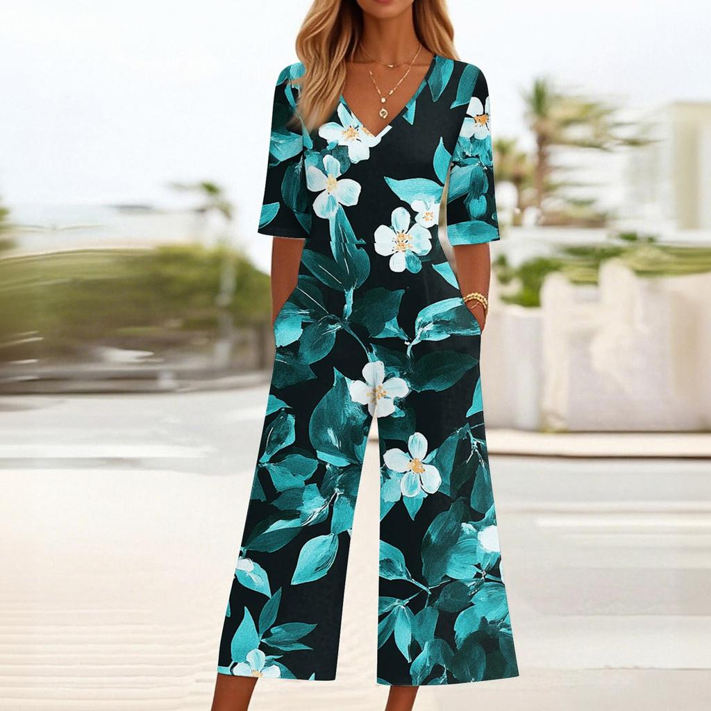 Women's Loose Casual V-Neck Printed Jumpsuit Slim Fit Wide Leg Jumpsuit Wide Leg Jumpsuit