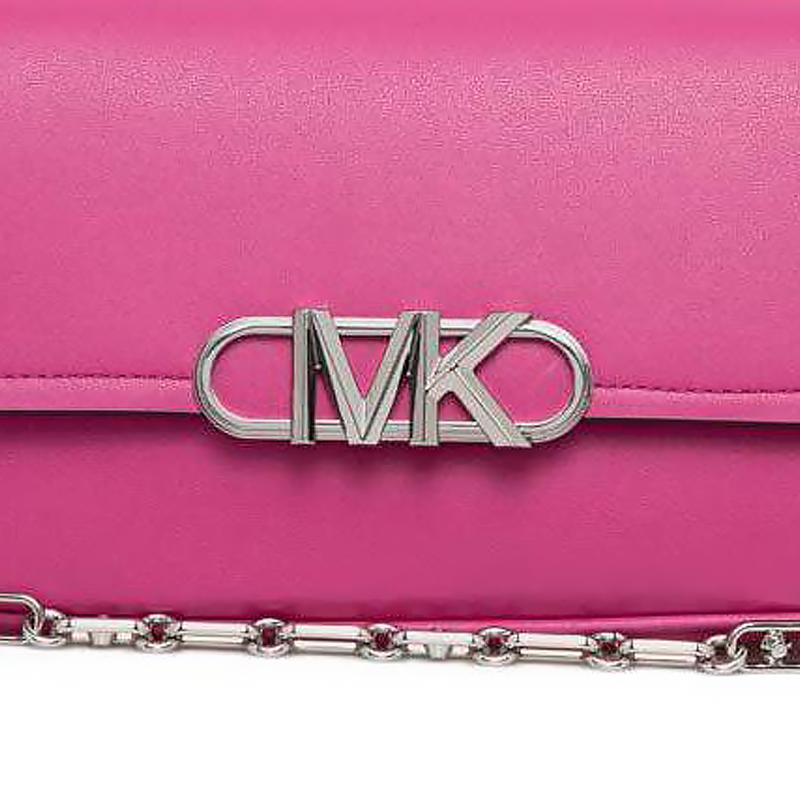 Michael Kors PARKER Simple Silhouette Silver Logo Metal Flap Design Cow Leather Hand-held Crossbody Shoulder Bag Medium Size Women's Pink