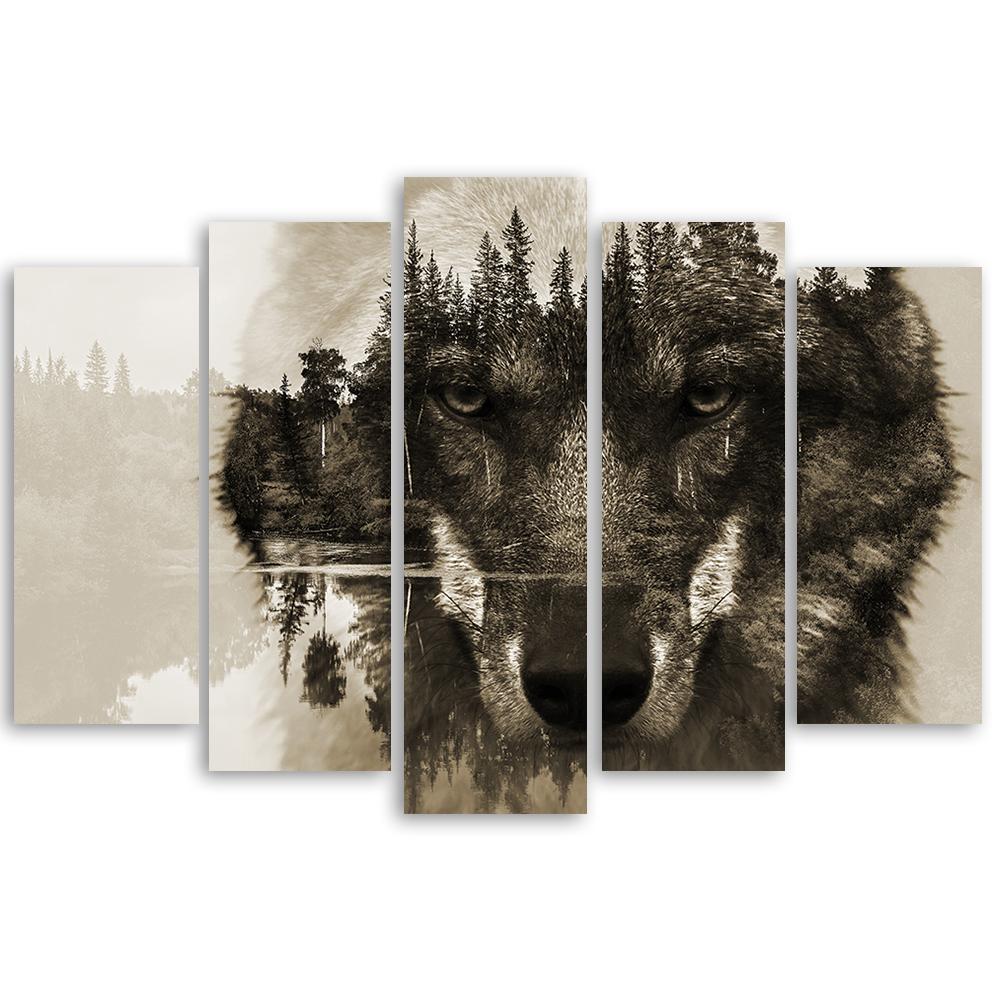 Fünfteiliger Leinwanddruck „Wolf Animals Black White“.