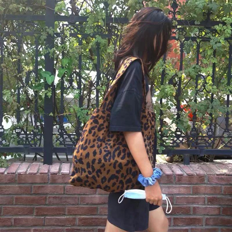 Simple Commuter Women's Vest Handbags Leopard Pattern Corduroy Female Large Tote Bag Casual Retro Ladies Cott Shoulder Bags
