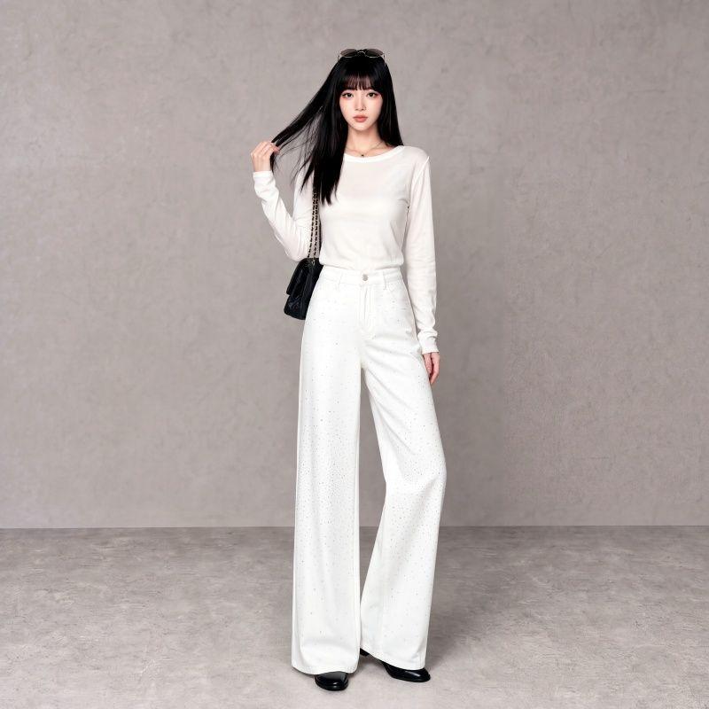 Autumn and winter new white gypsy star hot diamond straight tube high waist mopping floor wide leg flash diamond denim trousers women