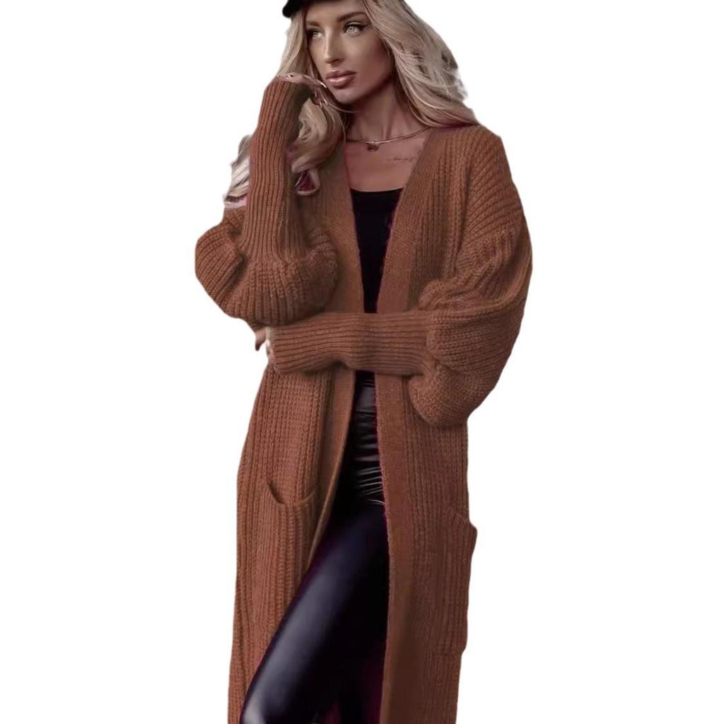 Women's Oversized Knit Cardigan with Lantern Sleeves and Pockets - Autumn/Winter Collection