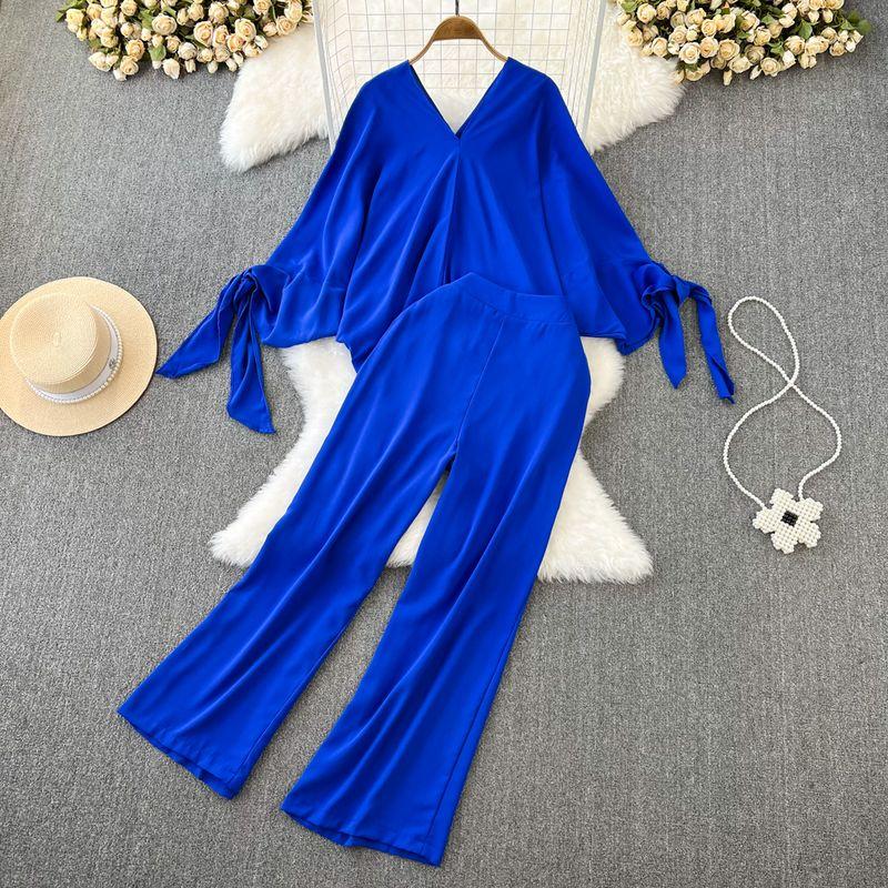 

V-neck Batwing Sleeve High Waist Straight Wide Leg Fashion Suit Blue One size