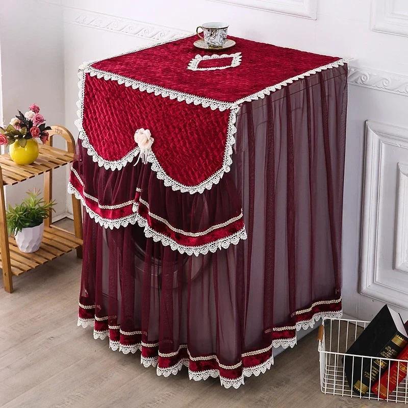 Washing Machine Cover Universal Washing Machine Cover with Roller and Wave Wheel Upflip Washing Machine Dustproof Lace Cover