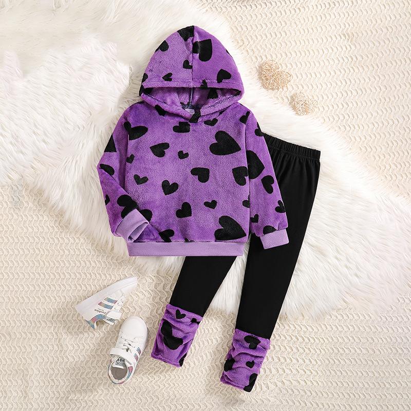 

European and American Children s Winter Velvet Thickened Love Hooded Sweatshirt Versatile Long-sleeved Trousers Suit to Keep Children Warm 4Y фіолетовий