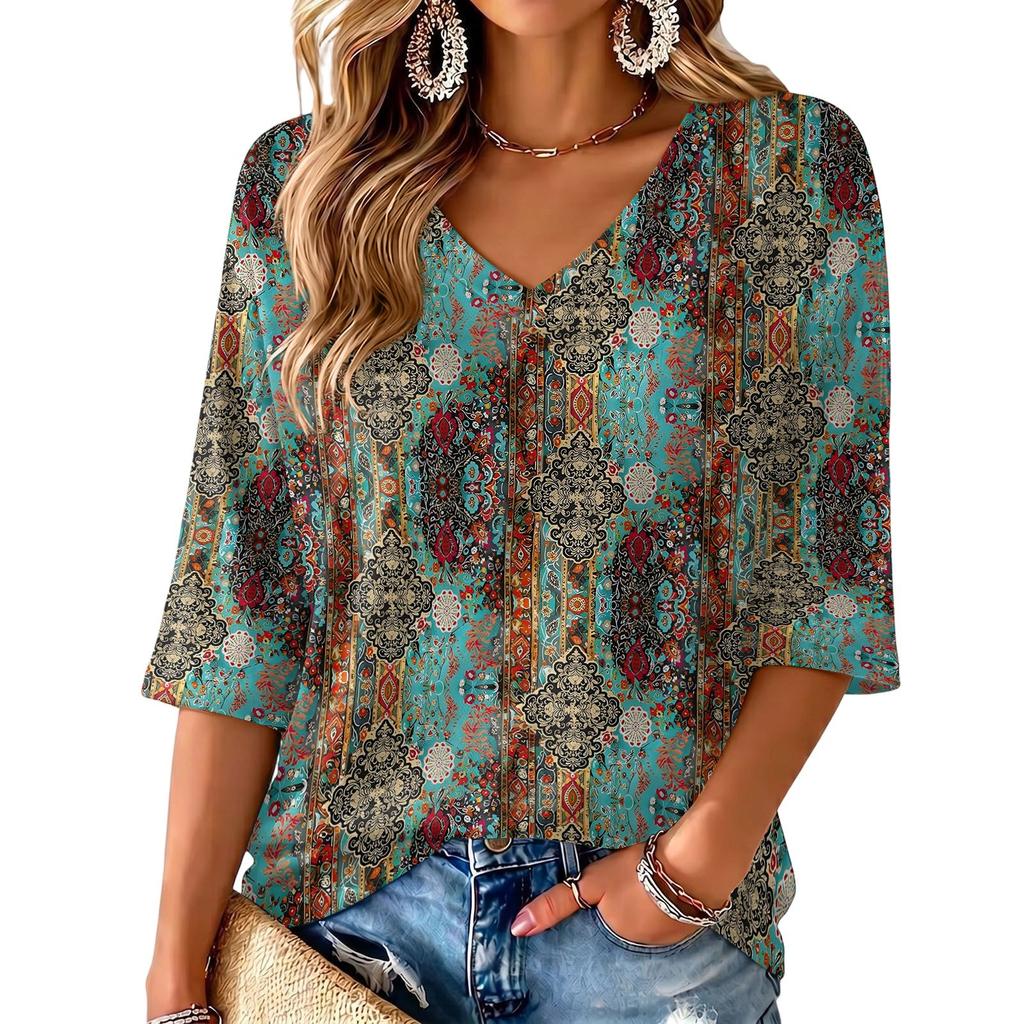 Women's Floral Print V-Neck Blouse Lightweight for Spring and Summer