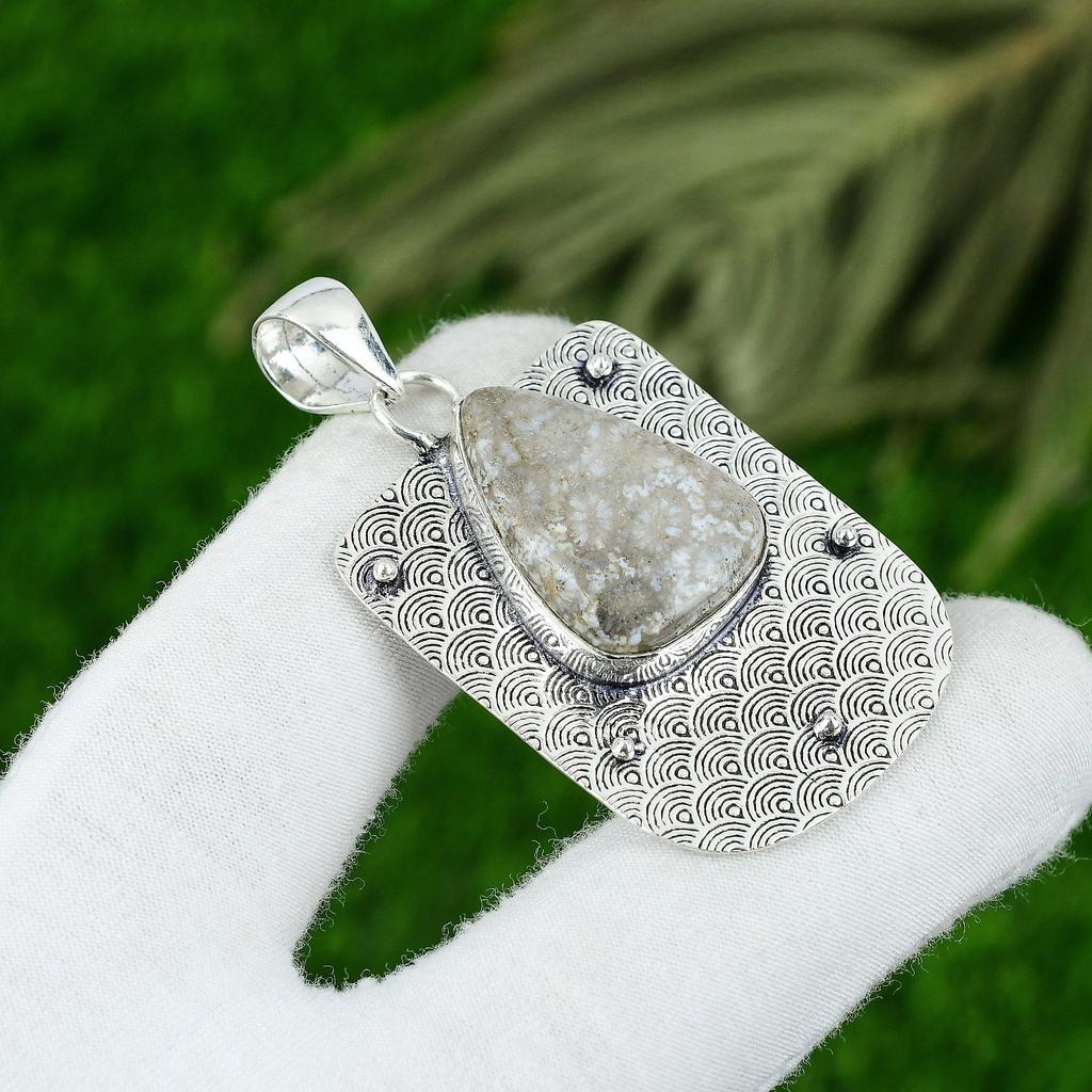 925 Sterling Silver Root Chakra Fossil Coral Gemstone Engagement Wife Pendant
