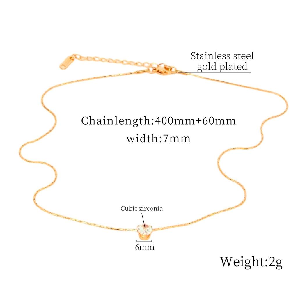 1 CZ Diamond Metal Surgical Stainless Steel 1 Pink Delicate [Galant] 6-prong Necklace, Always-On, Simple, Allergy-Free, (Zirconia), Stone, 6-prong,