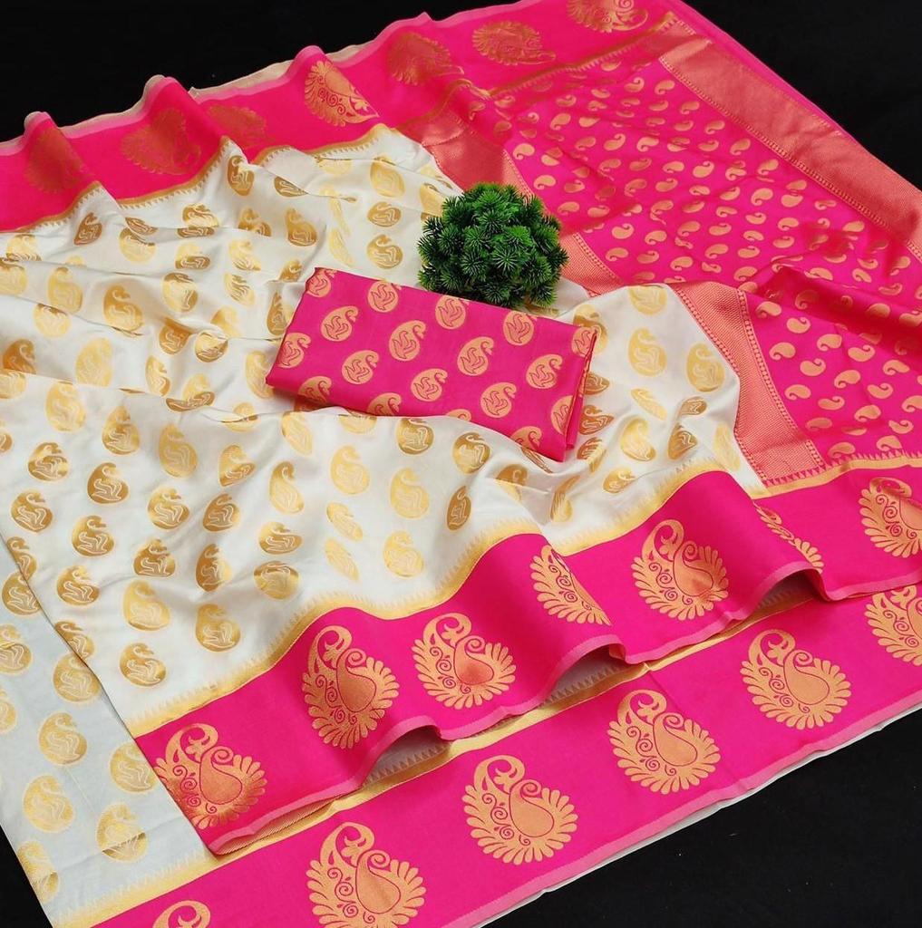 Krásné zlaté Jari s novým designem Soft Lichi Silk Saree