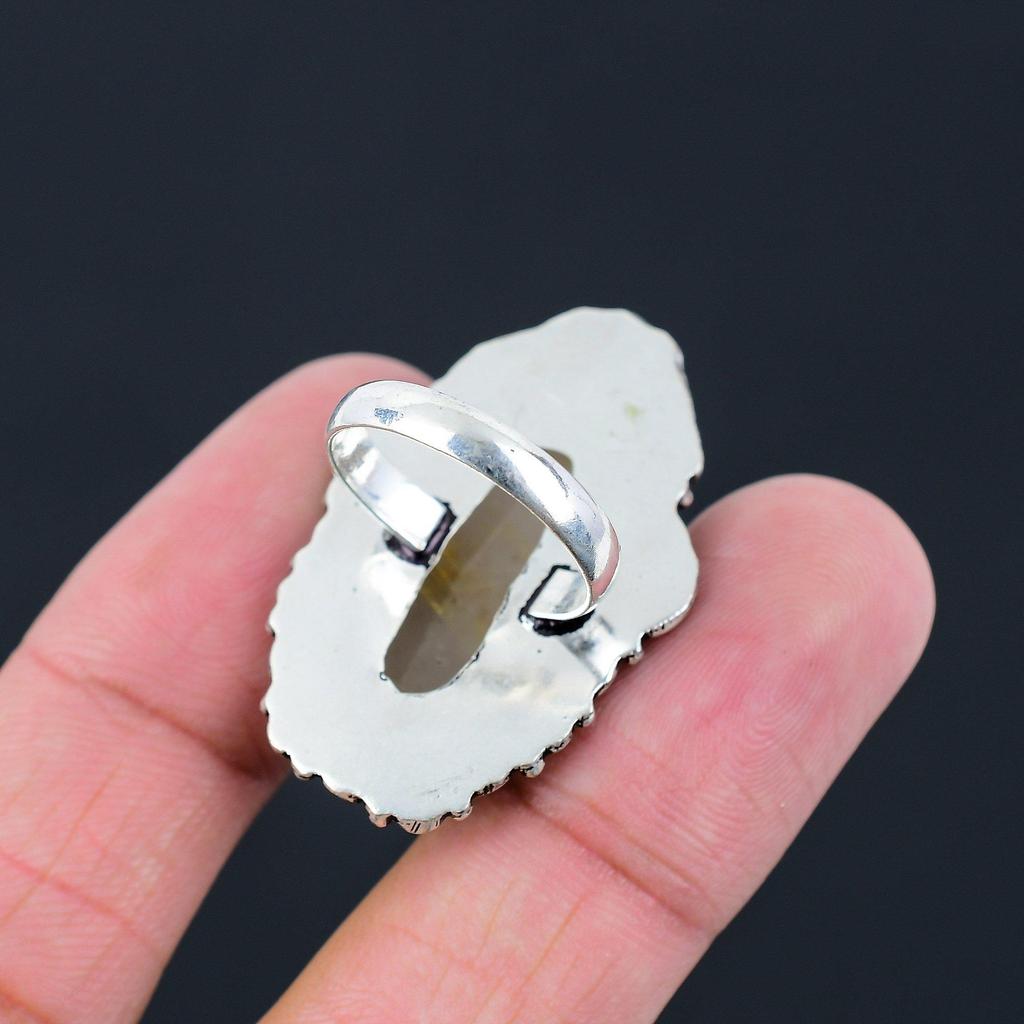 Sisters Day Sale 925 Silver Oval Golden Rutile Stone Statement Wife Ring US 7.5