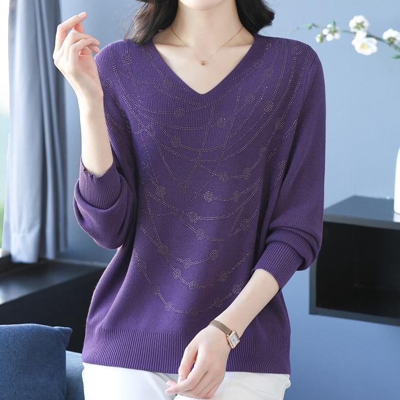 Maglione da donna con scollo a V Primavera Autunno Manica Lunga Ampio Morbido Delicato sulla Pelle Top a Maglia Pullover a Maglia con Strass