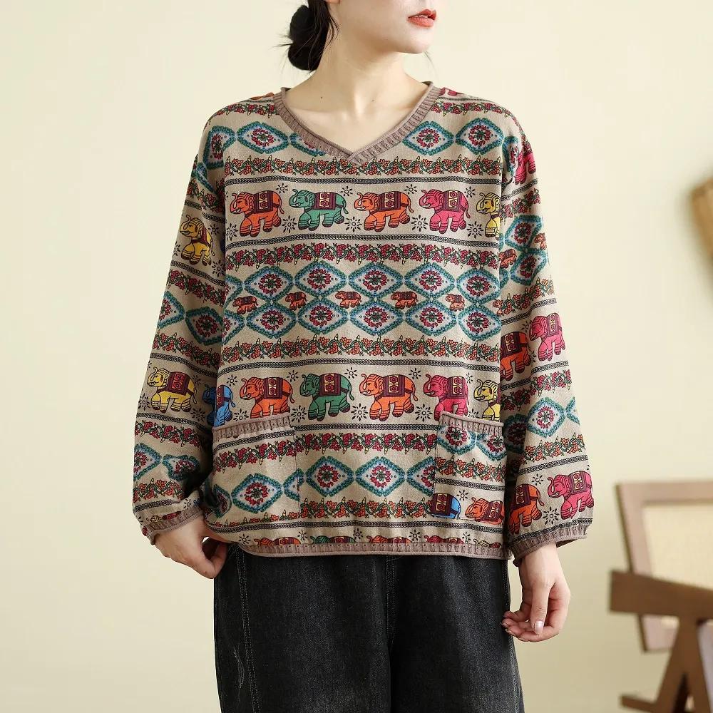 Retro National Style Cotton and Linen Long-sleeved V-neck Bottoming Shirt Women's Spring and Autumn Loose and Thin Linen Pullover T-shirt Top