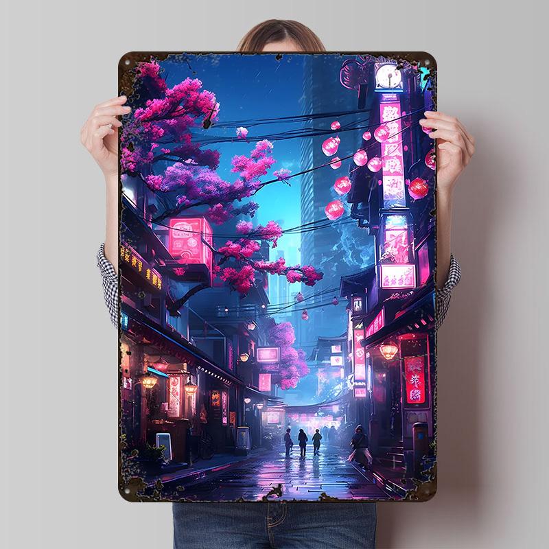 Neon Tokyo Sakura Street Printed Posters Customizable Wall Art Retro Vintage Metal Tin Signs for Home Room Mancave Decoration
