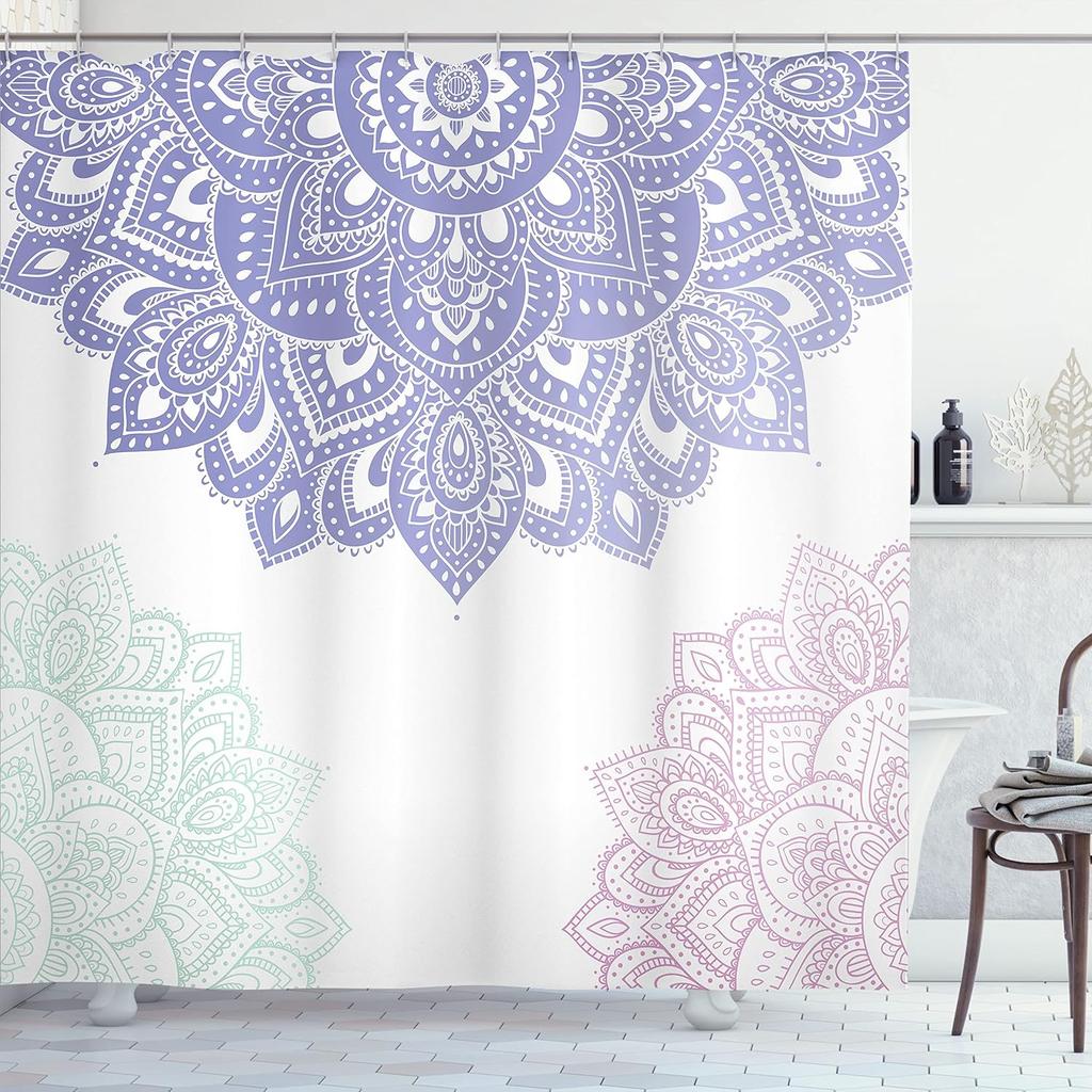 Coral and Blue-Brown Shower Curtain Tribal Mandala Geometric Gradient Fabric Bathroom Decorative Shower Curtain with Hooks