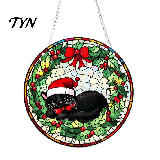 Lightweight Acrylic Party Supplies Christmas 2D Suncatcher, Stained Glass Style Black Cat Window Hanging, Holiday Hanging Door Plaques Colorful Plaque