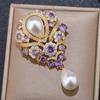 Lehký luxusní francouzský retro fialový brož ve tvaru kapky s perlou, lehký luxusní diamantový, elegantní, univerzální, doplňky ke kabátu