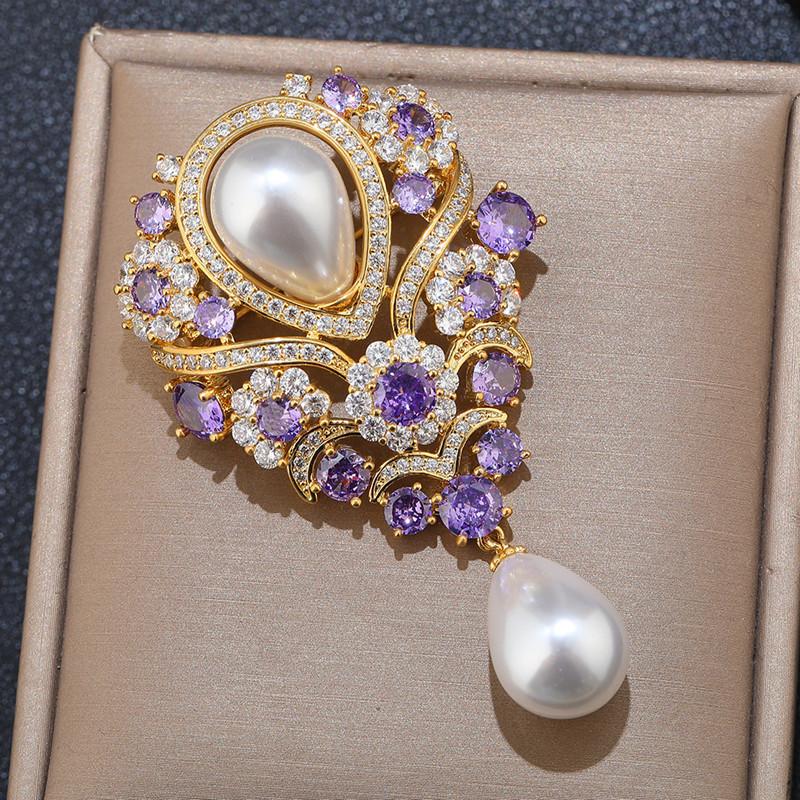 Lehký luxusní francouzský retro fialový brož ve tvaru kapky s perlou, lehký luxusní diamantový, elegantní, univerzální, doplňky ke kabátu