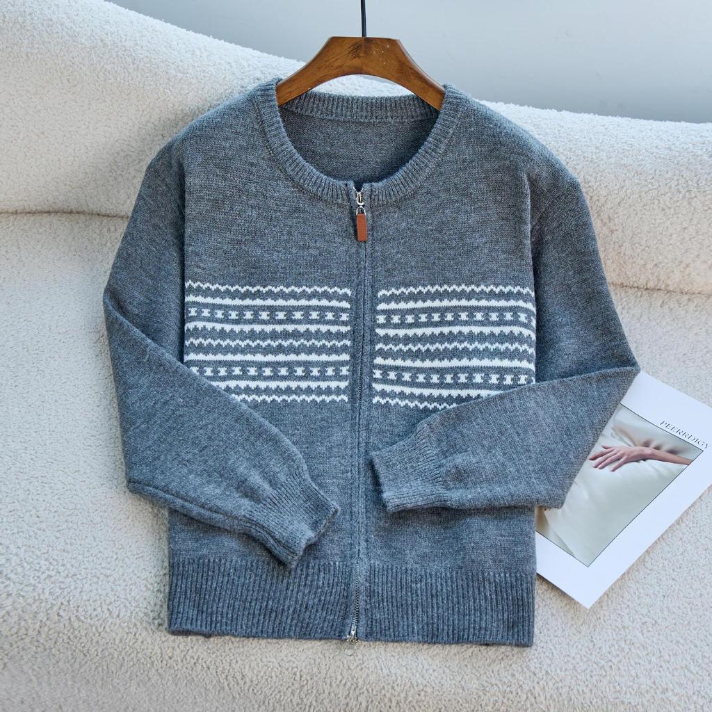 Korean Crew Neck zipper knitted cardigan women's 2025 autumn winter loose outer wear lazy wind lapel print sweater jacket coats