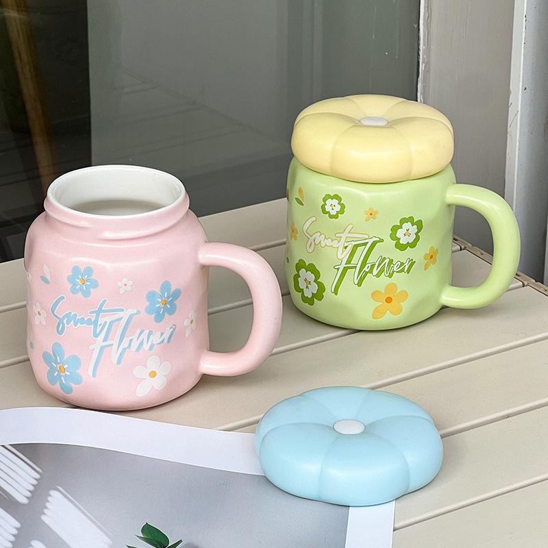 Cute Ceramic Cup with Lid High Value Ins Style Household Couple Water Cup Gift Box Creative Hand Gift Mug