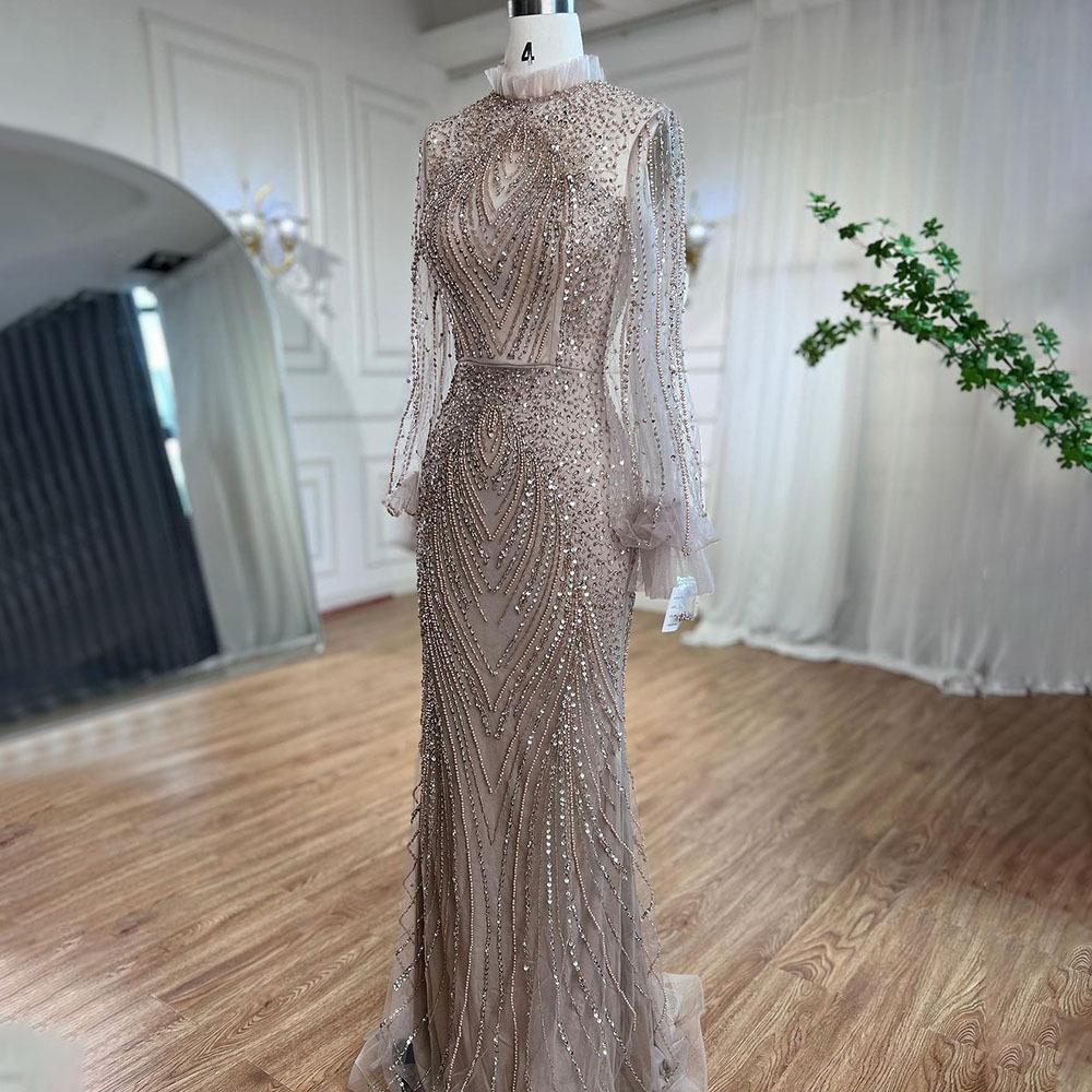 Burnt purple high-end light luxury fish long-sleeved meat-covered fishtail celebrity banquet support temperament dress LA11190