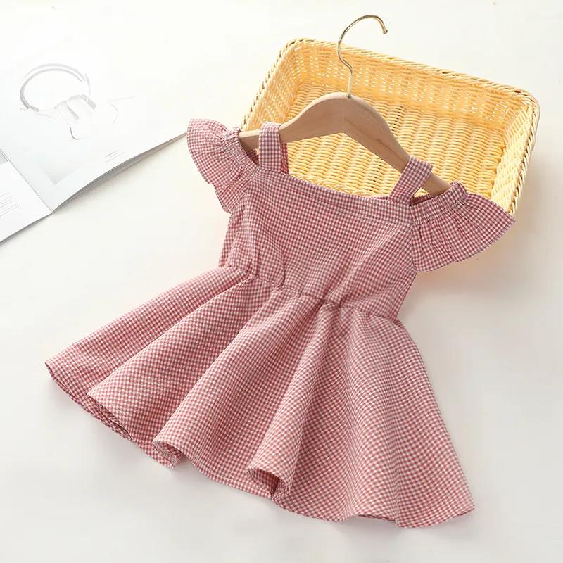Flickklänning Enfärgad Sommar Barn Rutig Prinsesskjol Baby Söt Kjol Hängslen Lotusbladsärm Prinsesskjol A-linjekjol