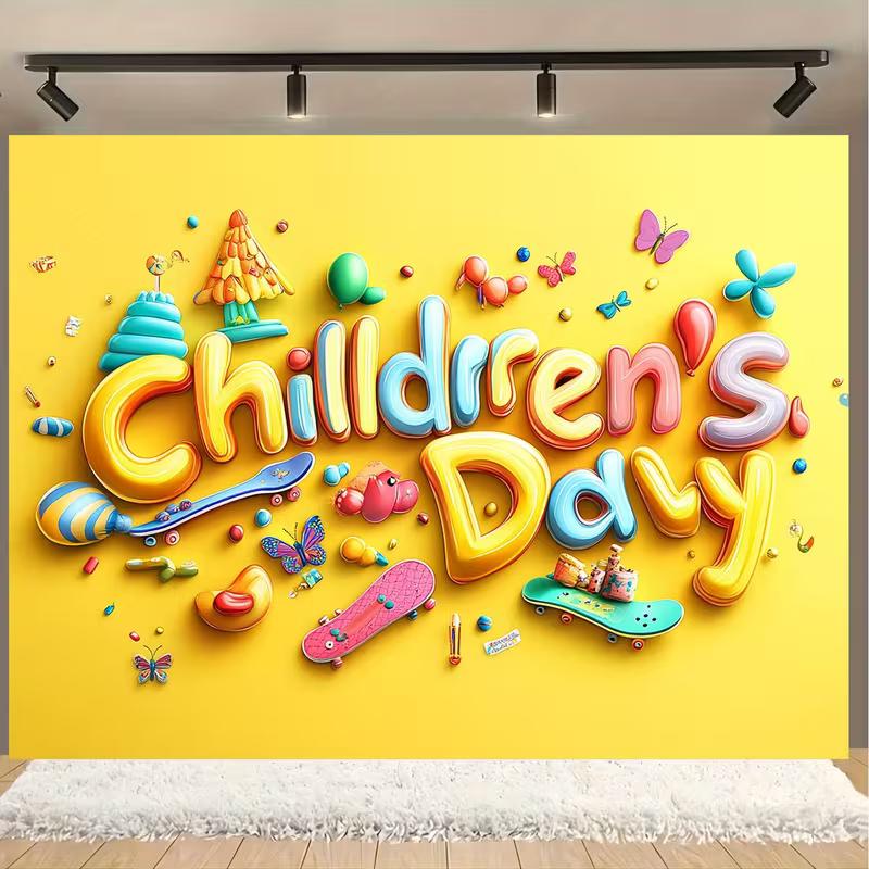 

2D Children s Day Tapestry Yellow 3D Letter Toys Balloons Butterfly Kids Party Photo Prop 47.2x31.5inch/120*80cm