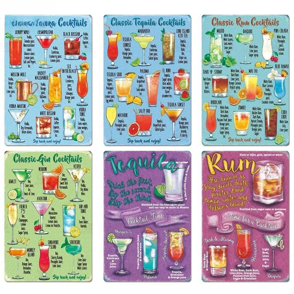 Cocktail Posters Decor Vintage Metal Tin Signs Plaque Metal Sign Wall Decor for Man Cave Bar Pub Club
