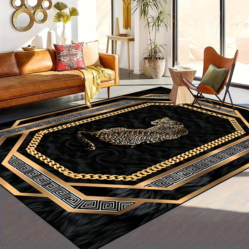 Luxury Medusa Greek Key Area Rug, Gold Leopard Chain Non-Slip Machine Washable Floor Mat for Living Room Bedroom Home Decor