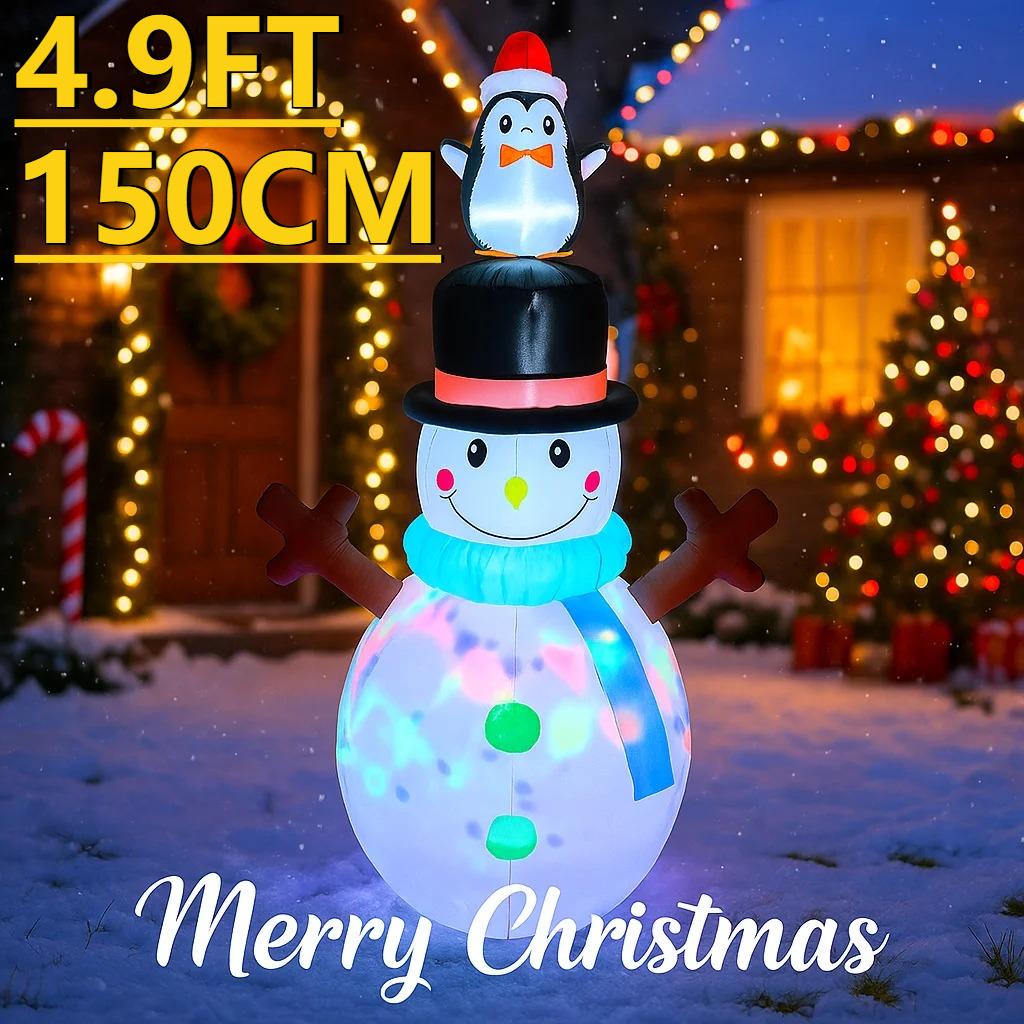 4.9FT LED Inflatable Xmas Yard Decor Snowman with Penguin Hat Christmas Toy Gift Home Decoration Ornament Festive Supplies Decor
