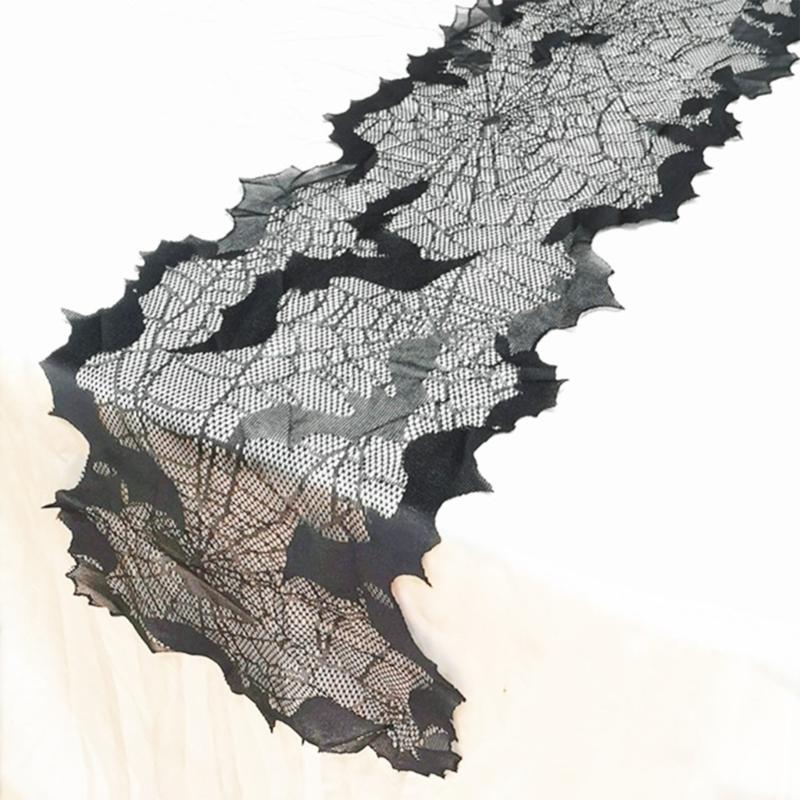 Gruselige Halloween-Dekoration 13x68 Zoll Schwarzer Tischläufer, Wasserabweisend mit Spinnennetz- und Fledermausmotiven für festliches Speisen