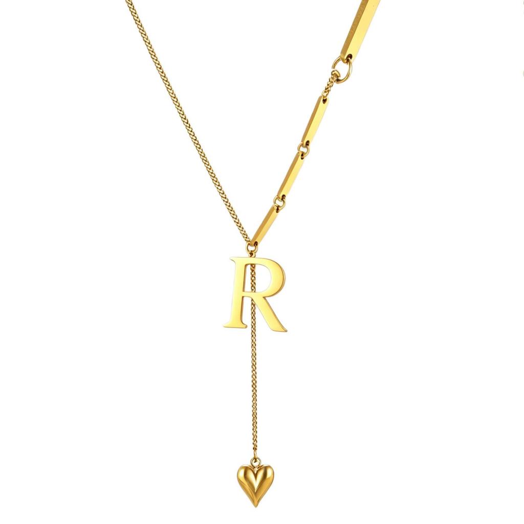 Initial Letter Necklace Gold Plated Stainless Steel Puffy Heart Pendant A-Z Alphabet Lariat Y Choker Waterproof