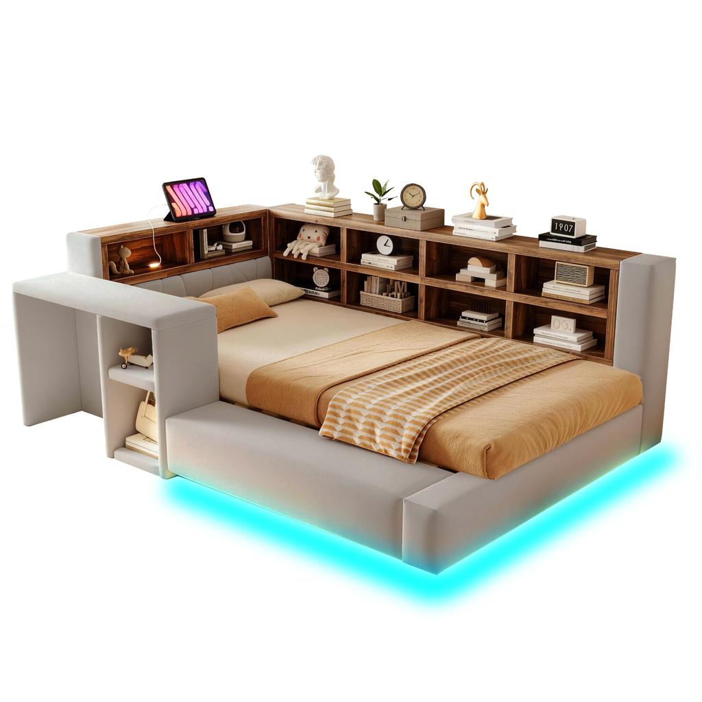 Upholstered Bed 90 X 200 Cm, Multi-Level Storage Compartments, LED Lighting, Integrated Sockets Headboard, Side Table, Padded Backrest, Light Grey