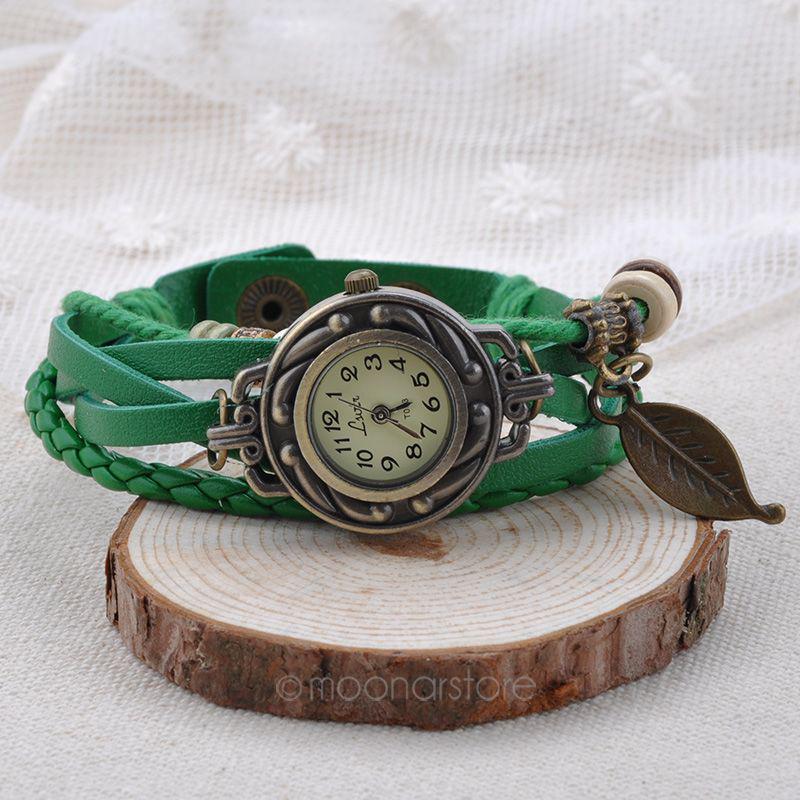 Womens Leather Tree Leaf Quartz Wrist Watch Bracelet Orange Watch