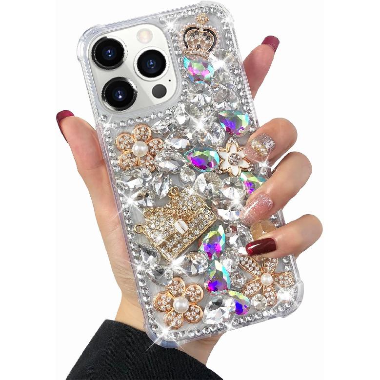 Compatible with iPhone 16 Pro Max Case Cute Bling Glitter 3D Rhinestone Diamond for Women Girls Crystal Girly Handmade Flower Gem Fashion Luxury