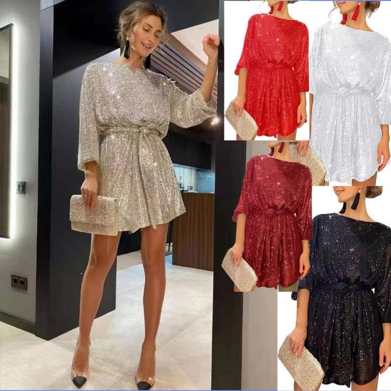 Women Sequins Round Neck Long Sleeve Casual Commute Bodycon Mini Dress