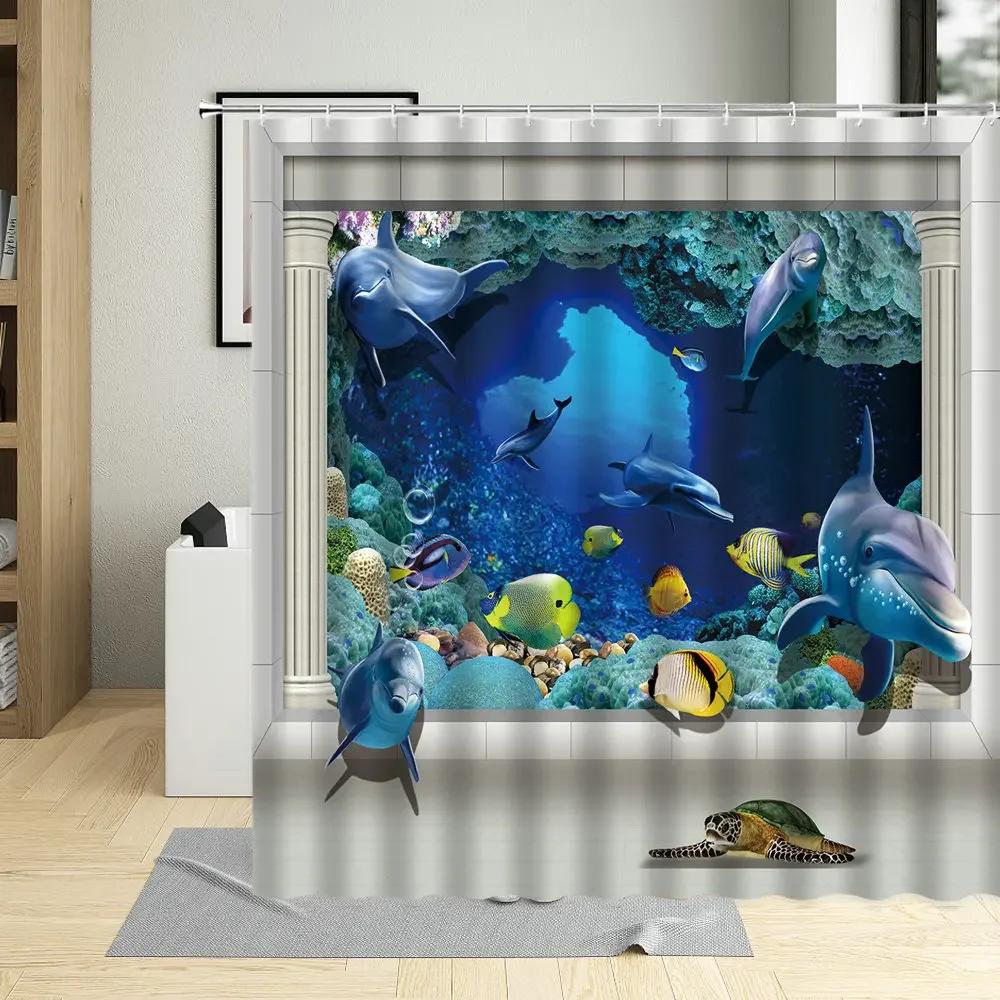 Ocean Sea Animal Dolphin Fish Waterproof Shower Curtain Creative Deep Sea Child Bathroom Decor Screen With Hooks Curtains Set