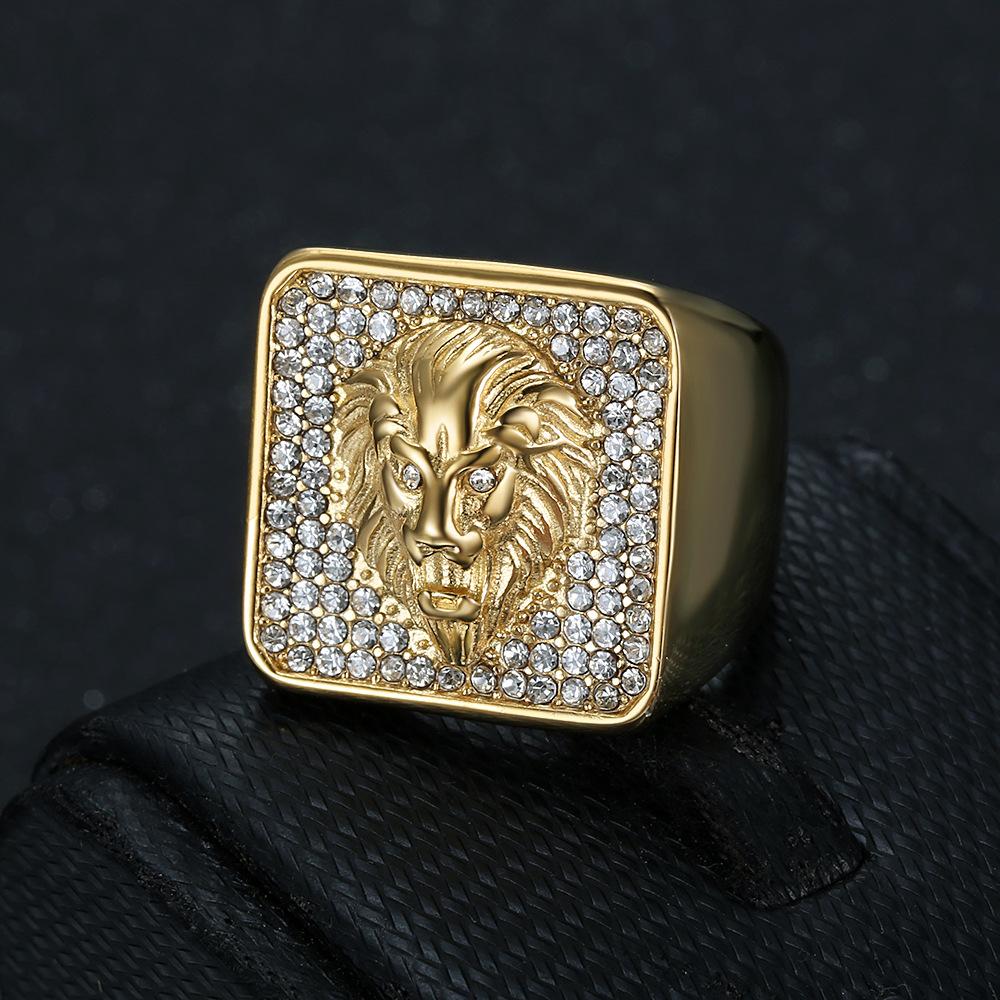 Ring new hip-hop jewelry gold-plated full diamond square domineering lion head men's ring