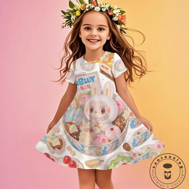 

25-26 MINISO Літня Мультяшна Лови Тиніпінг 3D Друк Сукня Мода Дитяча Сукня Принцеси з Коротким Рукавом для Дівчаток на Вечірку Дитячий Одяг 100