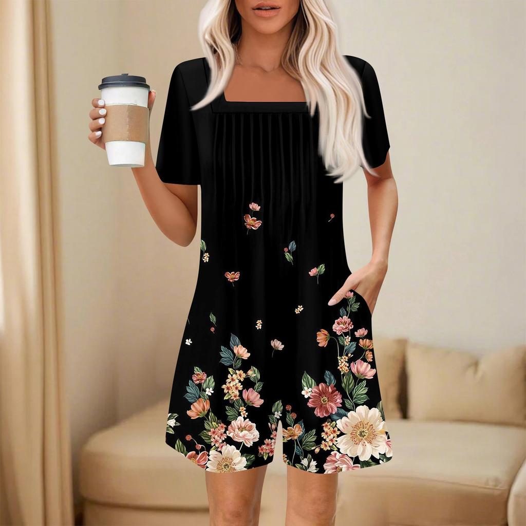Women's Fashionable And Casual Short-sleeved Pleated Pocket Jumpsuit Printed Jumpsuit Shorts