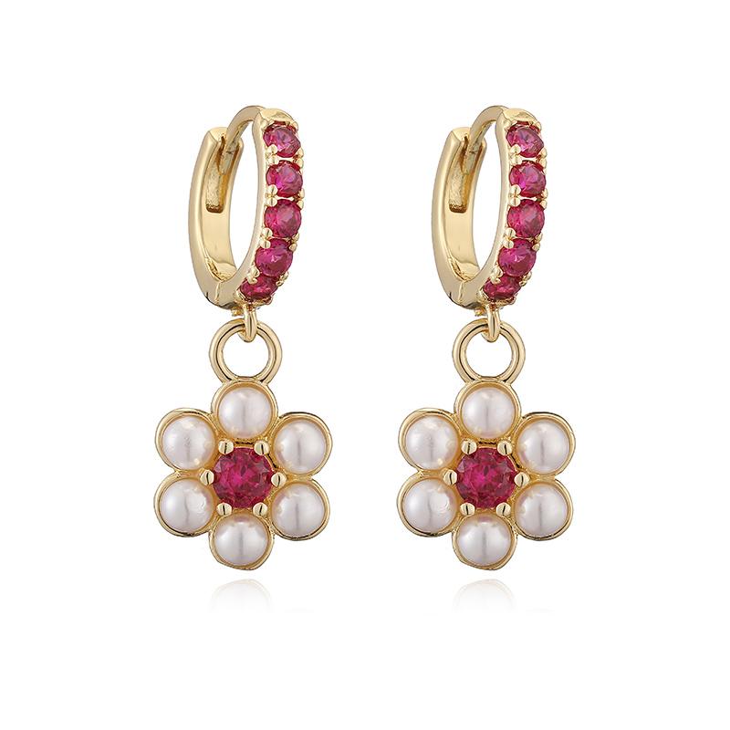 HECHENG,Sweet Romantic Small Pearl Zirconia Flower Pendant Women's Earrings Plated 18K Golden Copper Earrings Piercing Jewellery